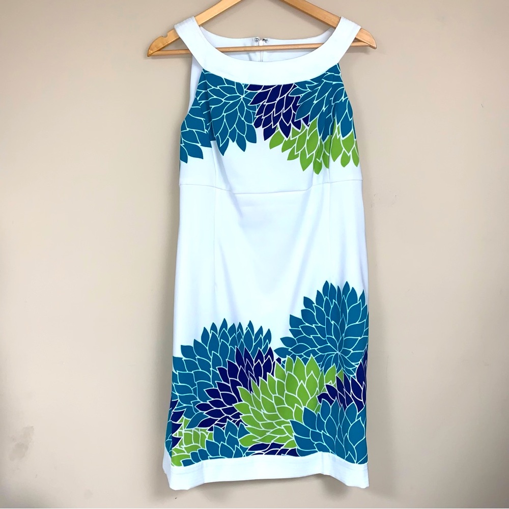 London Times White Sheath Dress with Blue, Navy & Green Floral Accents